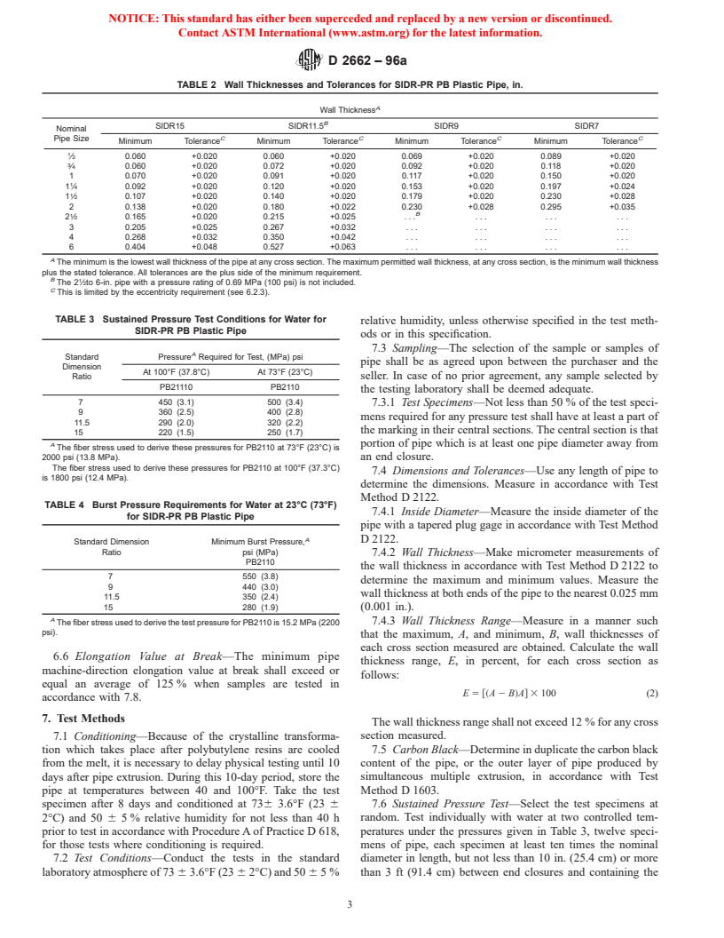 ASTM D2662-96a - Standard Specification for Polybutylene (PB) Plastic Pipe (SIDR-PR) Based on Controlled Inside Diameter (Withdrawn 2003)