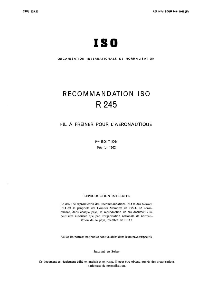ISO/R 245:1962 - Aircraft lockwire
Released:2/1/1962