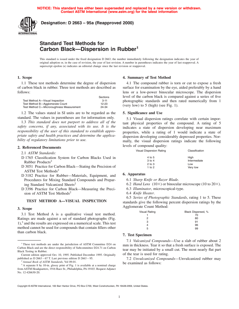 ASTM D2663-95a(2000) - Standard Test Methods for Carbon Black-Dispersion in Rubber