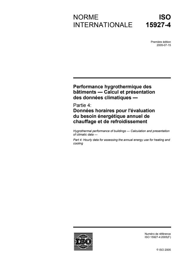 ISO 15927-4:2005 - Performance hygrothermique des bâtiments -- Calcul et présentation des données climatiques