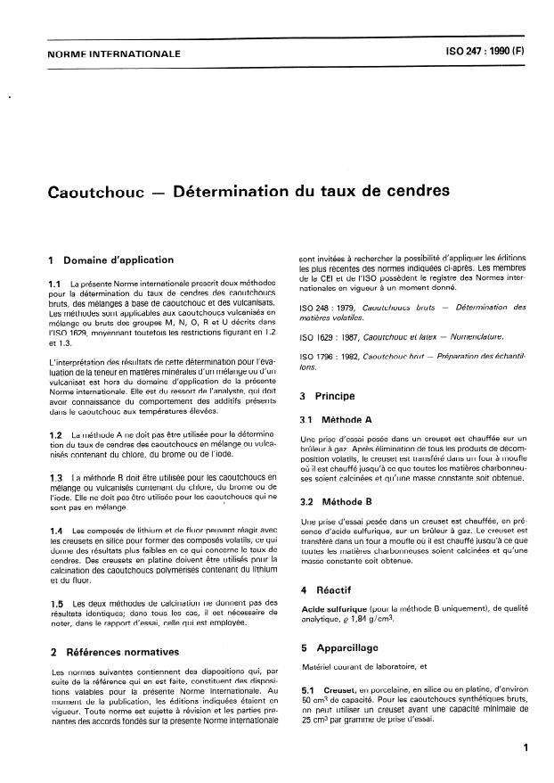 ISO 247:1990 - Caoutchouc -- Détermination du taux de cendres