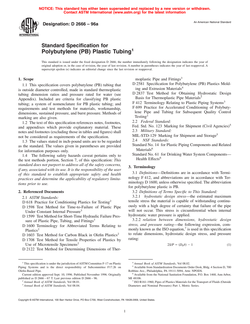ASTM D2666-96a - Standard Specification for Polybutylene (PB) Plastic Tubing (Withdrawn 2005)