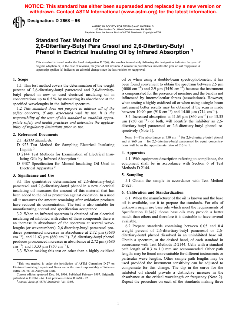 ASTM D2668-96 - Standard Test Method for 2,6-Ditertiary-Butyl Para Cresol and 2,6-Ditertiary-Butyl Phenol in Electrical Insulating Oil by Infrared Absorption