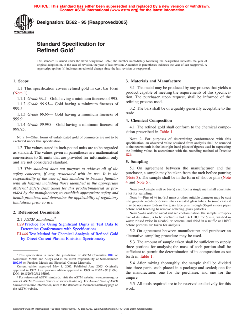 ASTM B562-95(2005) - Standard Specification for Refined Gold