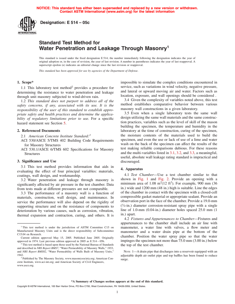 ASTM E514-05c - Standard Test Method for Water Penetration and Leakage Through Masonry