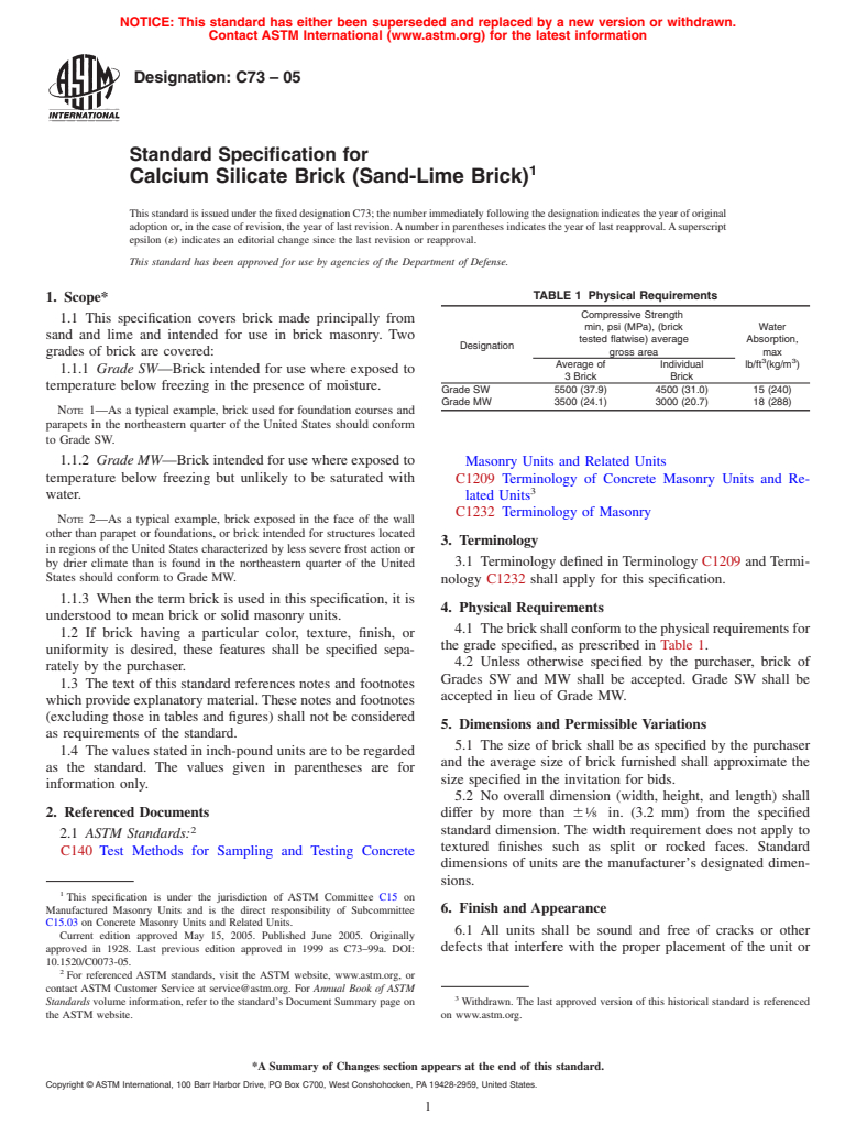 ASTM C73-05 - Standard Specification for Calcium Silicate Brick (Sand-Lime Brick)