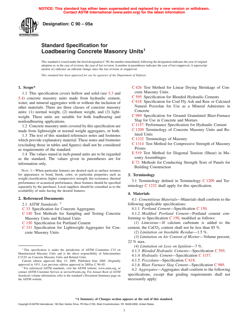 ASTM C90-05a - Standard Specification for Loadbearing Concrete Masonry Units