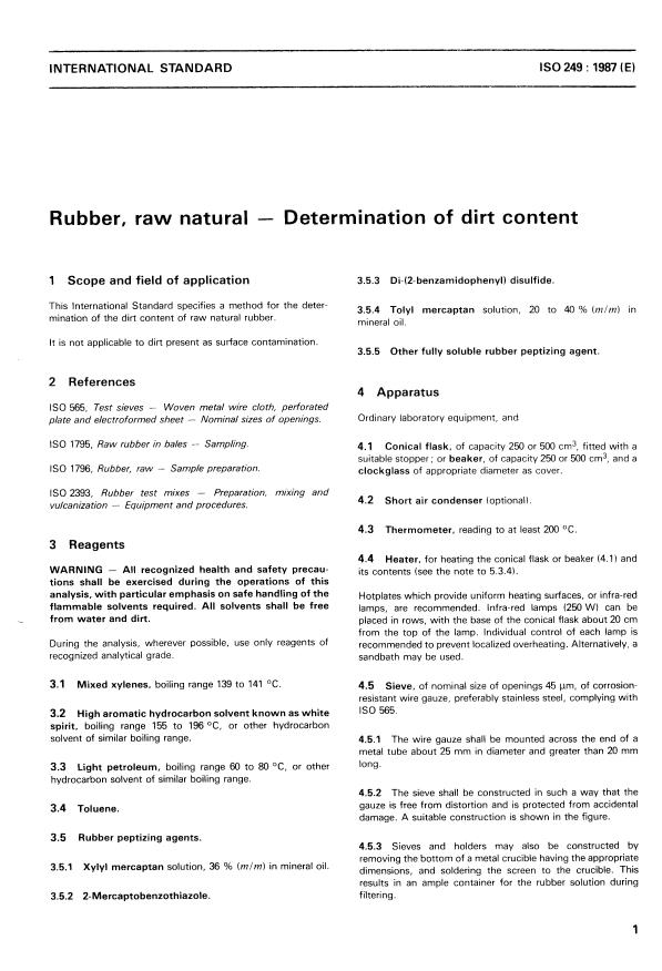 ISO 249:1987 - Rubber, raw natural -- Determination of dirt content