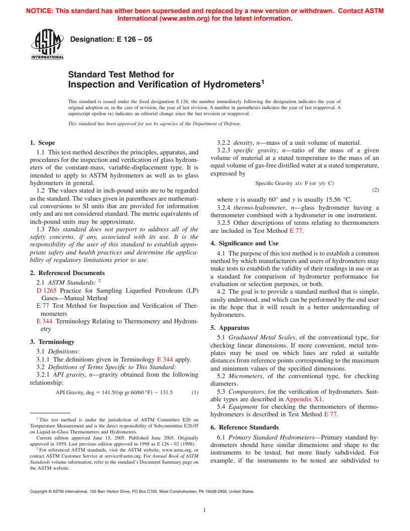 ASTM E126-05 - Standard Test Method for Inspection and Verification of Hydrometers