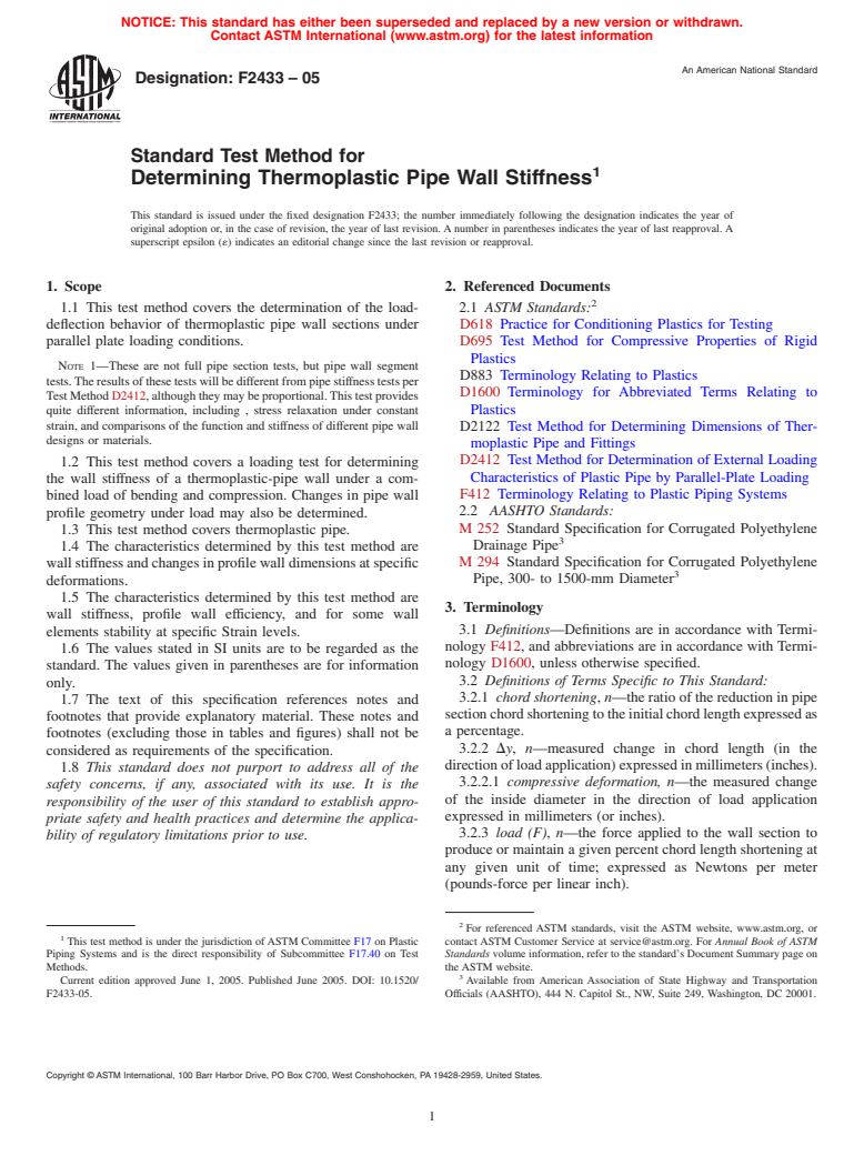 ASTM F2433-05 - Standard Test Method for Determining Thermoplastic Pipe Wall Stiffness