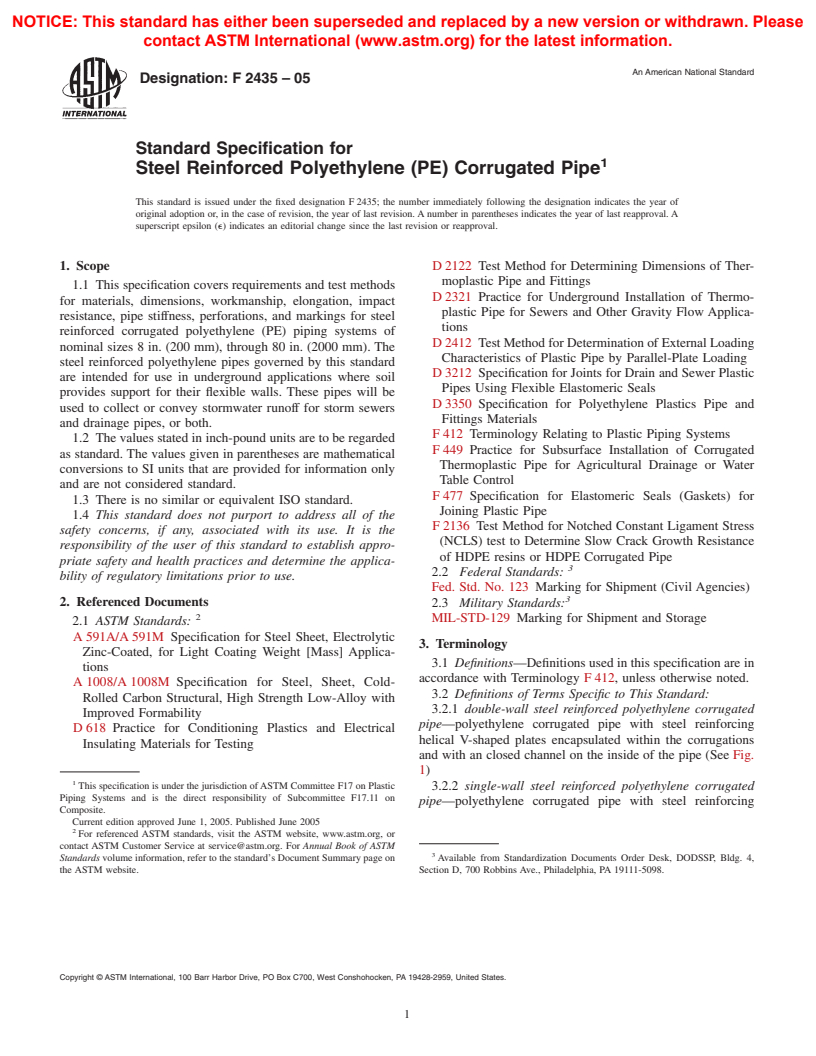 ASTM F2435-05 - Standard Specification for Steel Reinforced Polyethylene (PE) Corrugated Pipe