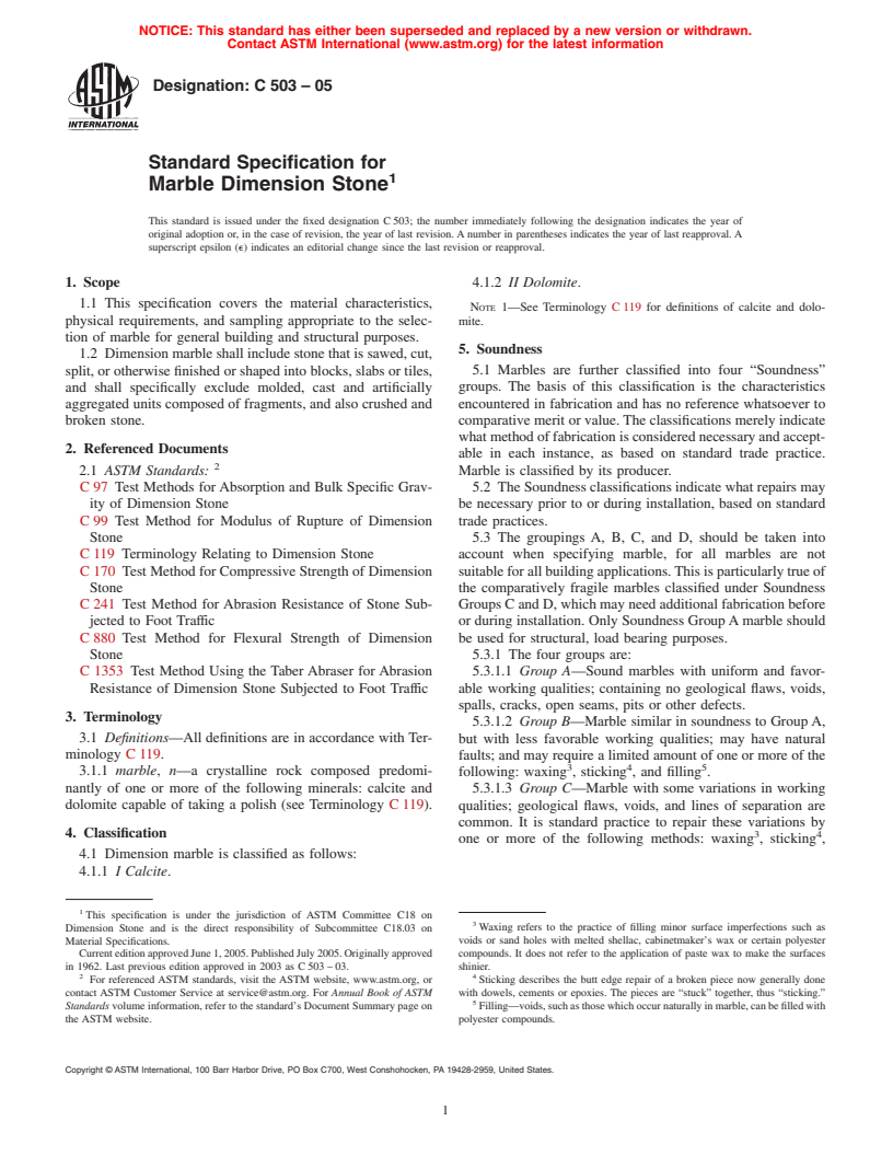 ASTM C503-05 - Standard Specification for Marble Dimension Stone