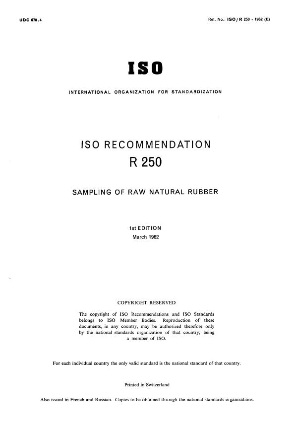 ISO/R 250:1962 - Withdrawal of ISO/R 250-1962