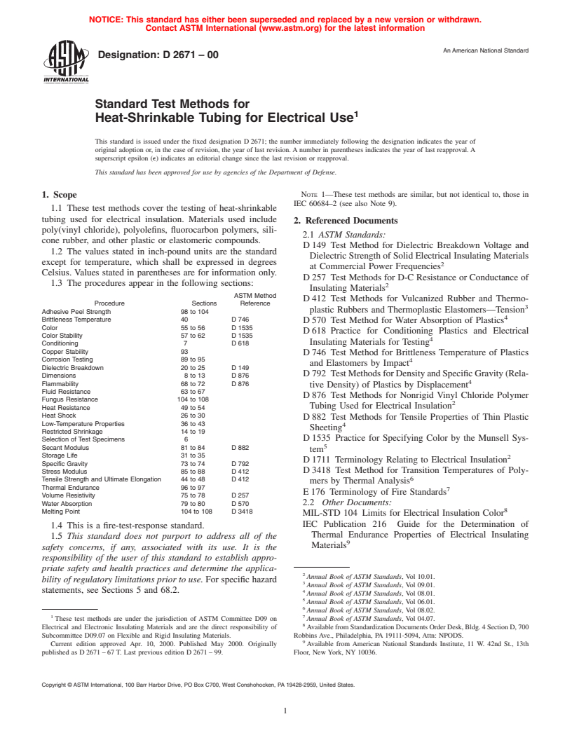 ASTM D2671-00 - Standard Test Methods for Heat-Shrinkable Tubing for Electrical Use