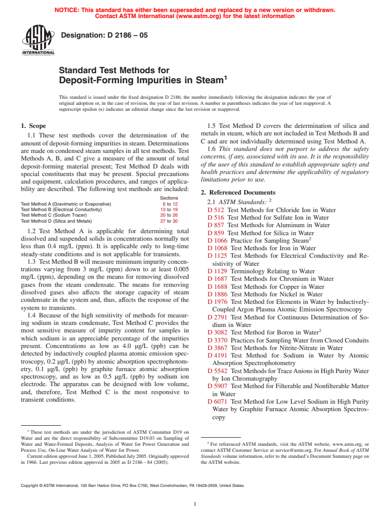 ASTM D2186-05 - Standard Test Methods for Deposit-Forming Impurities in Steam