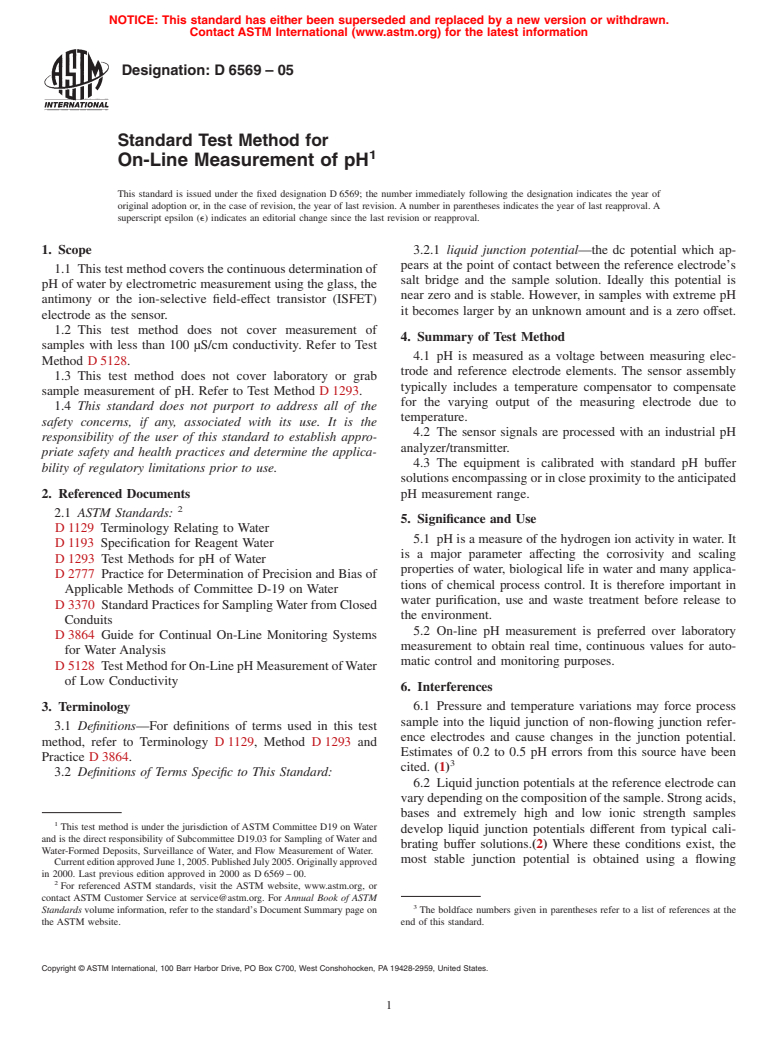 ASTM D6569-05 - Standard Test Method for On-Line Measurement of pH<sup>1</sup>