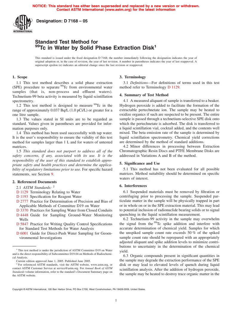 ASTM D7168-05 - Standard Test Method for<sup>99</sup>Tc in Water by Solid Phase Extraction Disk