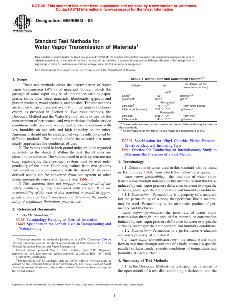 ASTM E96/E96M-05 - Standard Test Methods for Water Vapor Transmission of Materials