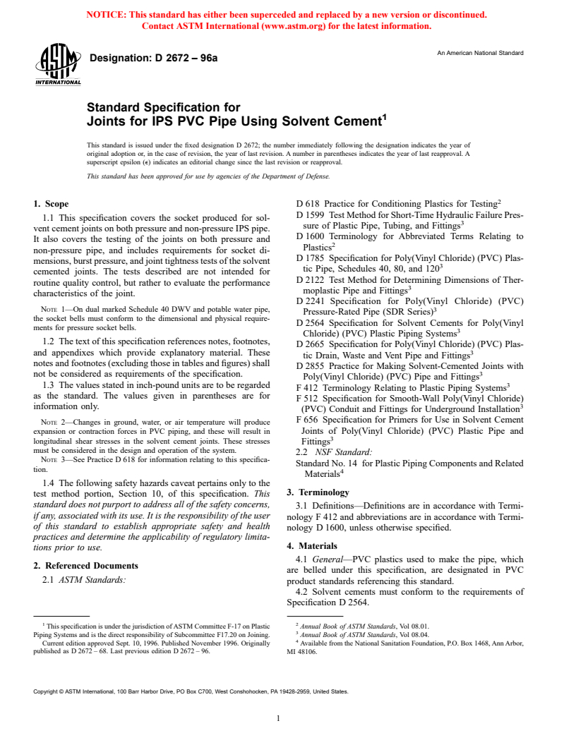 ASTM D2672-96a - Standard Specification for Joints for IPS PVC Pipe Using Solvent Cement