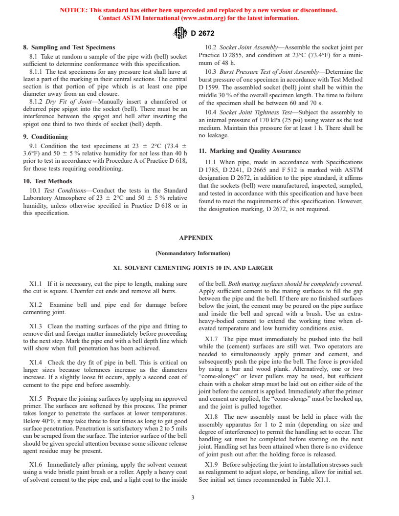 ASTM D2672-96a - Standard Specification for Joints for IPS PVC Pipe Using Solvent Cement