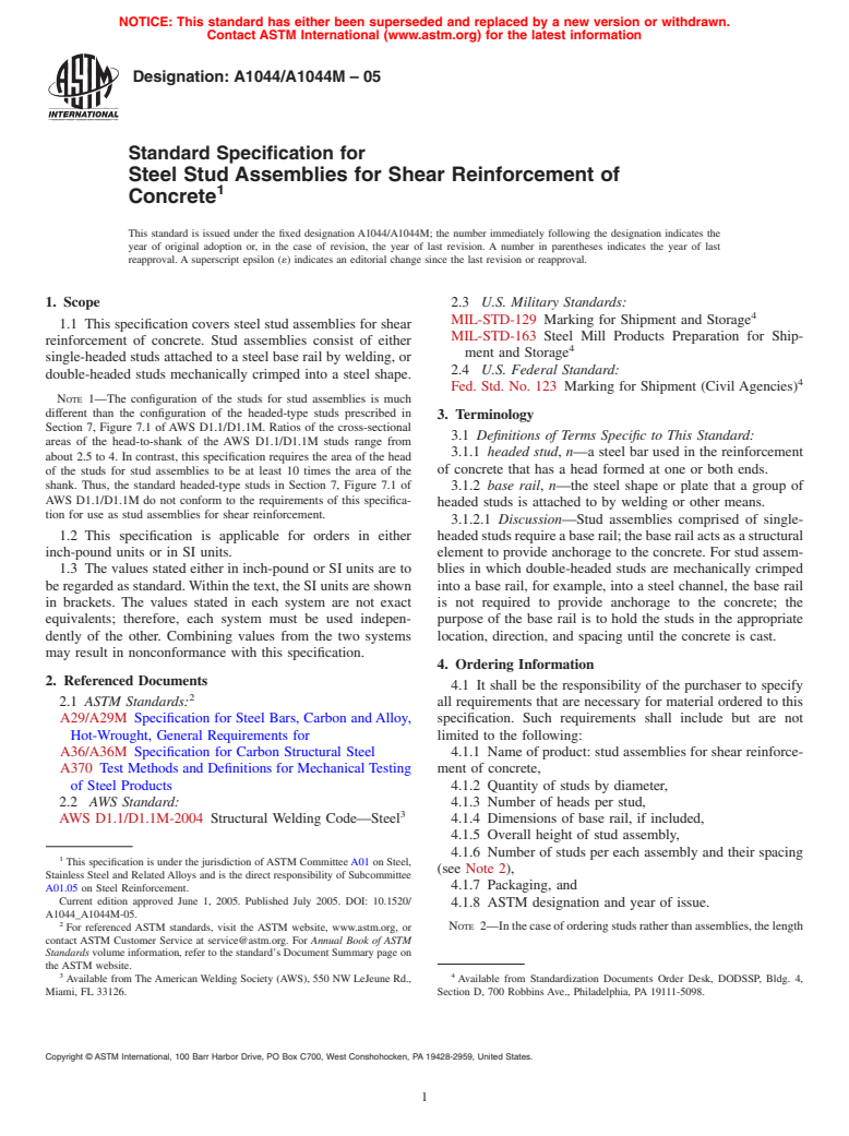 ASTM A1044/A1044M-05 - Standard Specification for Steel Stud Assemblies for Shear Reinforcement of Concrete