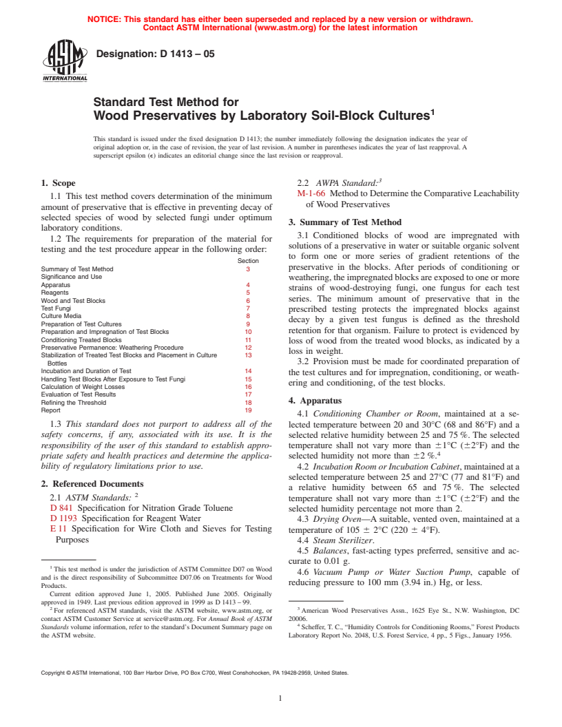 ASTM D1413-05 - Standard Test Method for Wood Preservatives by Laboratory Soil-Block Cultures