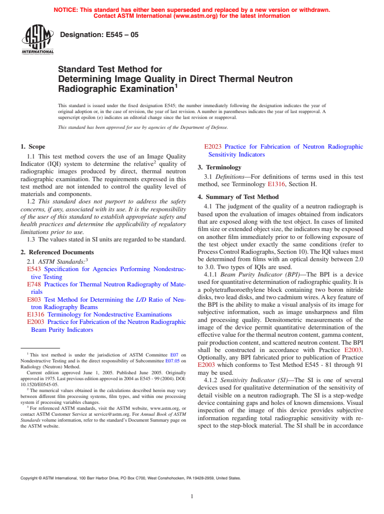 ASTM E545-05 - Standard Test Method for Determining Image Quality in Direct Thermal Neutron Radiographic Examination