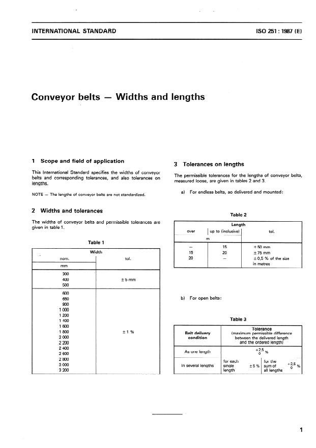 ISO 251:1987 - Conveyor belts -- Widths and lengths