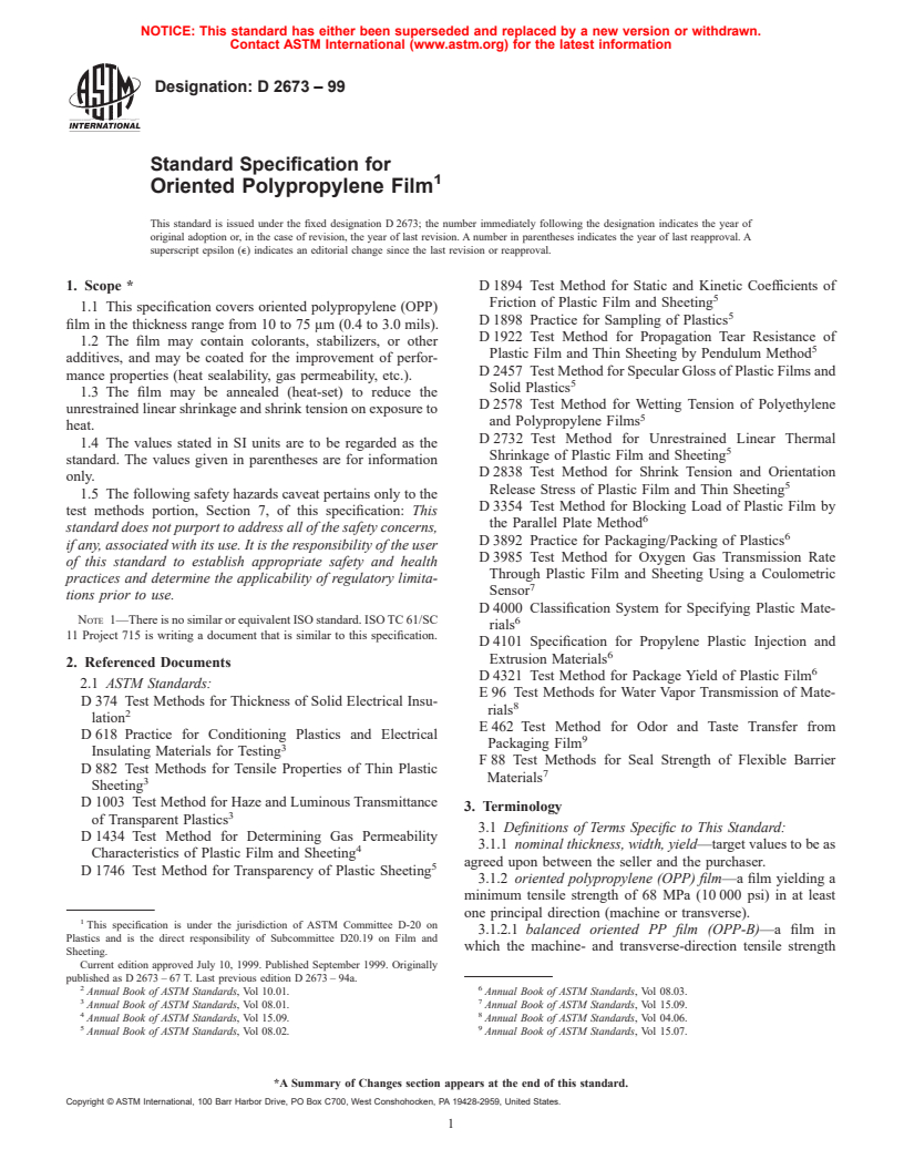 ASTM D2673-99 - Standard Specification for Oriented Polypropylene Film