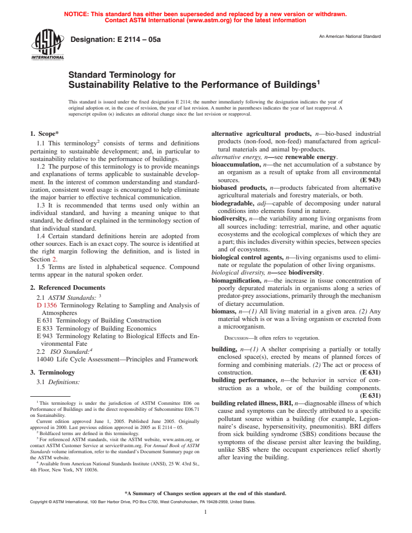 ASTM E2114-05a - Standard Terminology for Sustainability Relative to the Performance of Buildings
