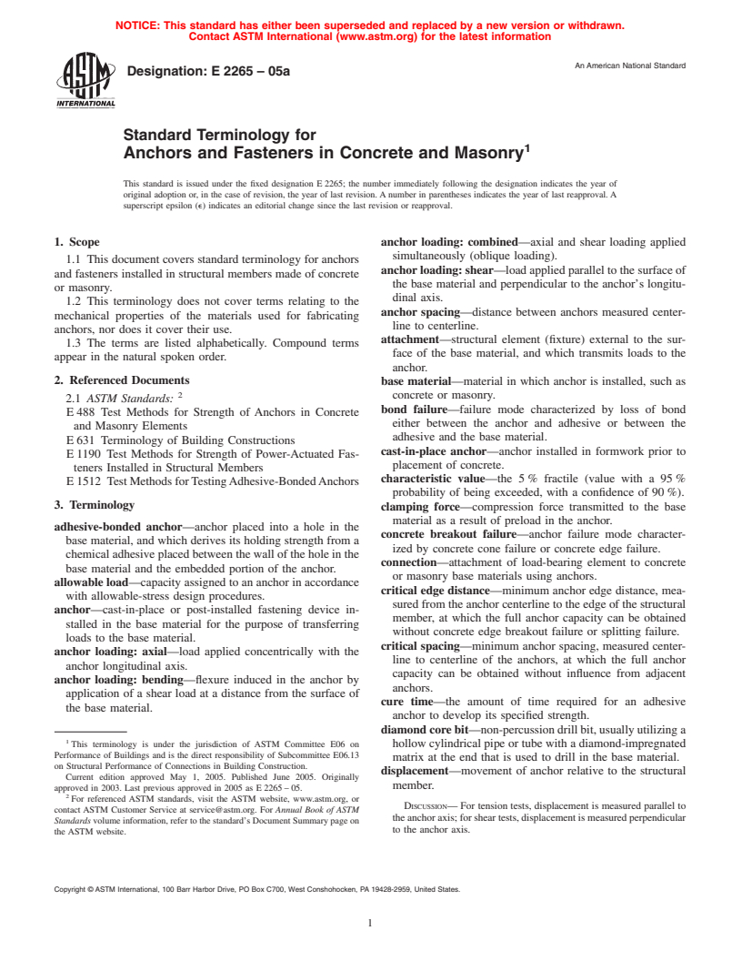 ASTM E2265-05a - Standard Terminology for Anchors and Fasteners in Concrete and Masonry