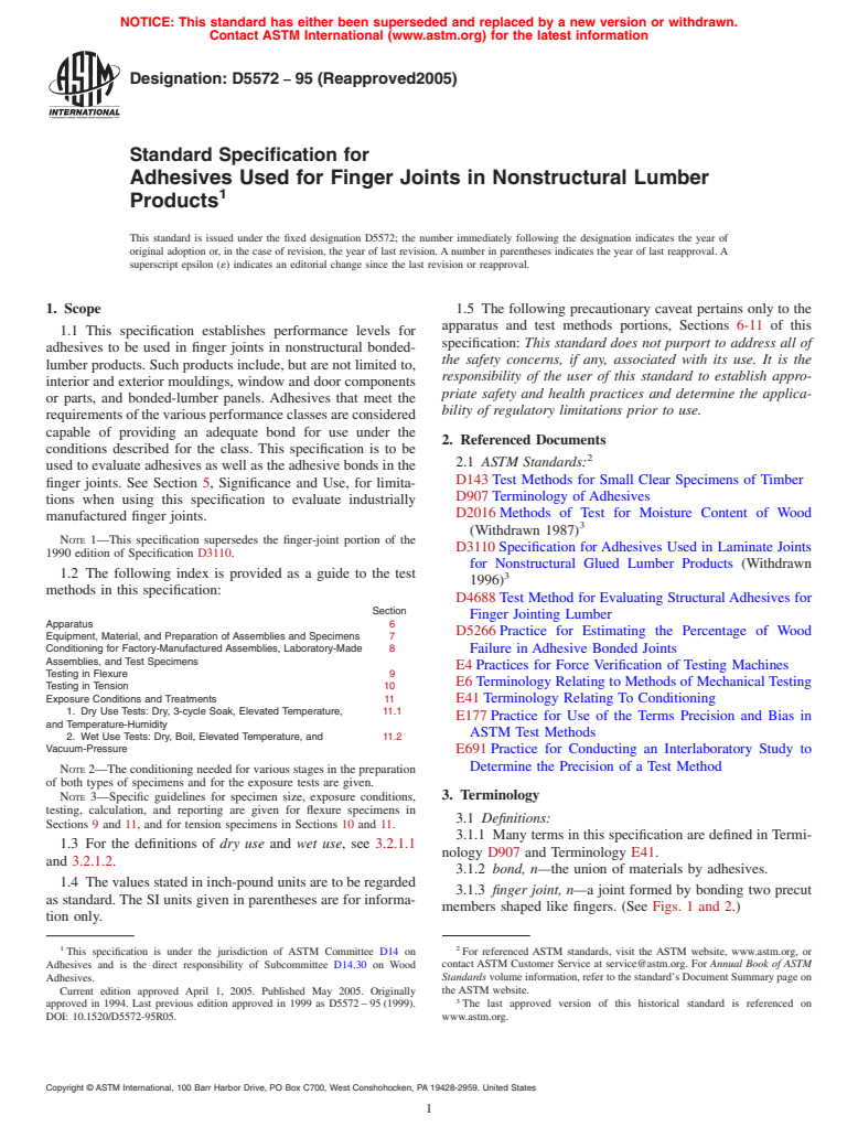 ASTM D5572-95(2005) - Standard Specification for Adhesives Used for Finger Joints in Nonstructural Lumber Products