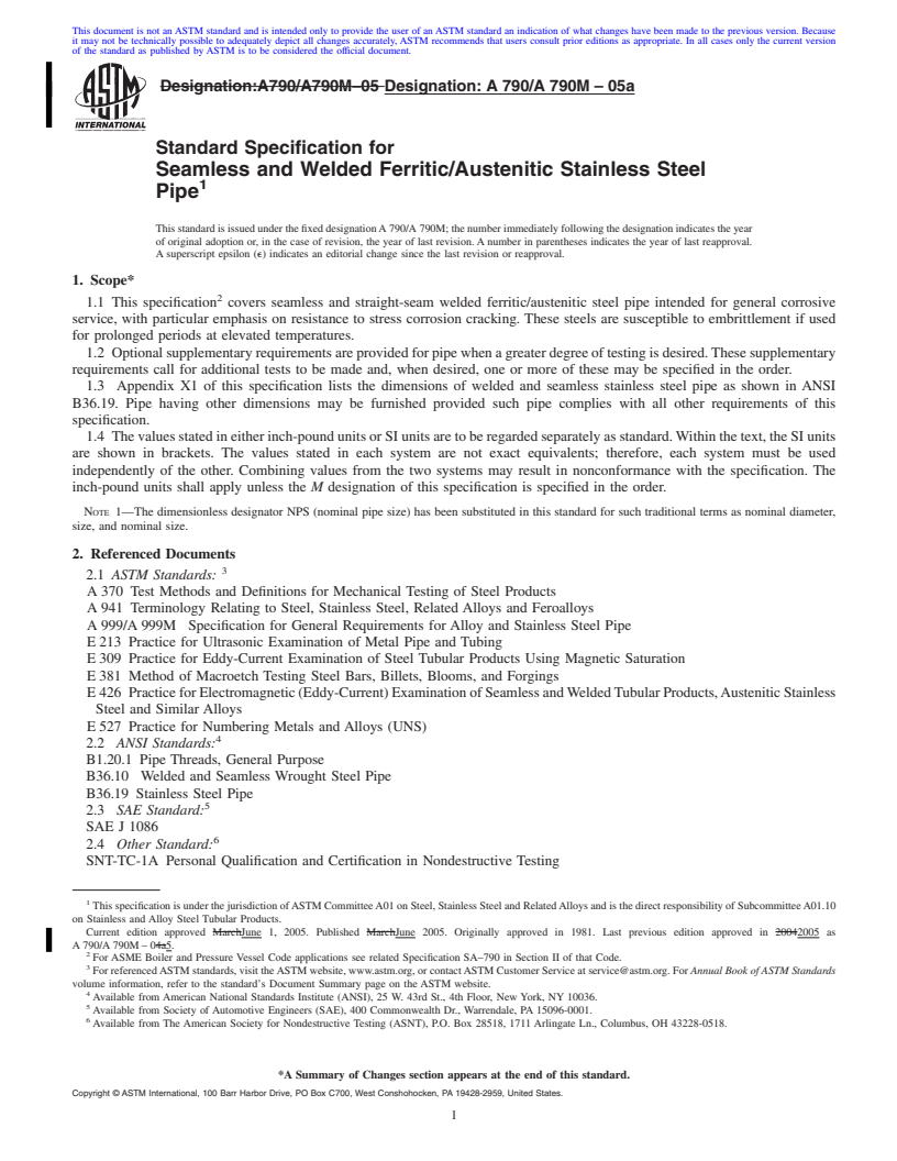 REDLINE ASTM A790/A790M-05a - Standard Specification for Seamless and Welded Ferritic/Austenitic Stainless Steel Pipe