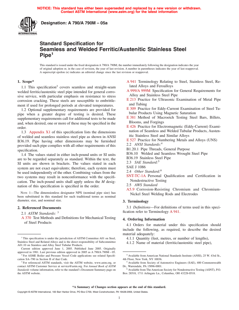 ASTM A790/A790M-05a - Standard Specification for Seamless and Welded Ferritic/Austenitic Stainless Steel Pipe