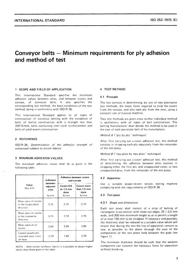 ISO 252:1975 - Conveyor belts -- Minimum requirements for ply adhesion and method of test
