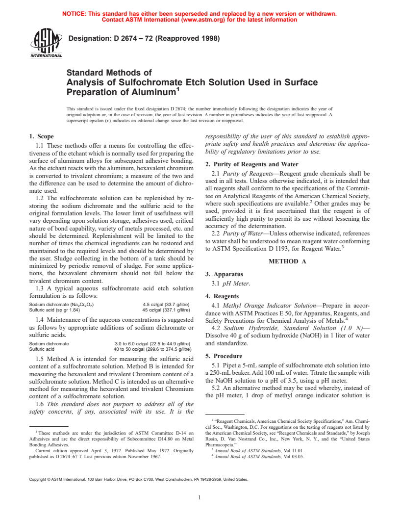 ASTM D2674-72(1998) - Standard Test Methods for Analysis of Sulfochromate Etch Solution Used in Surface Preparation of Aluminum