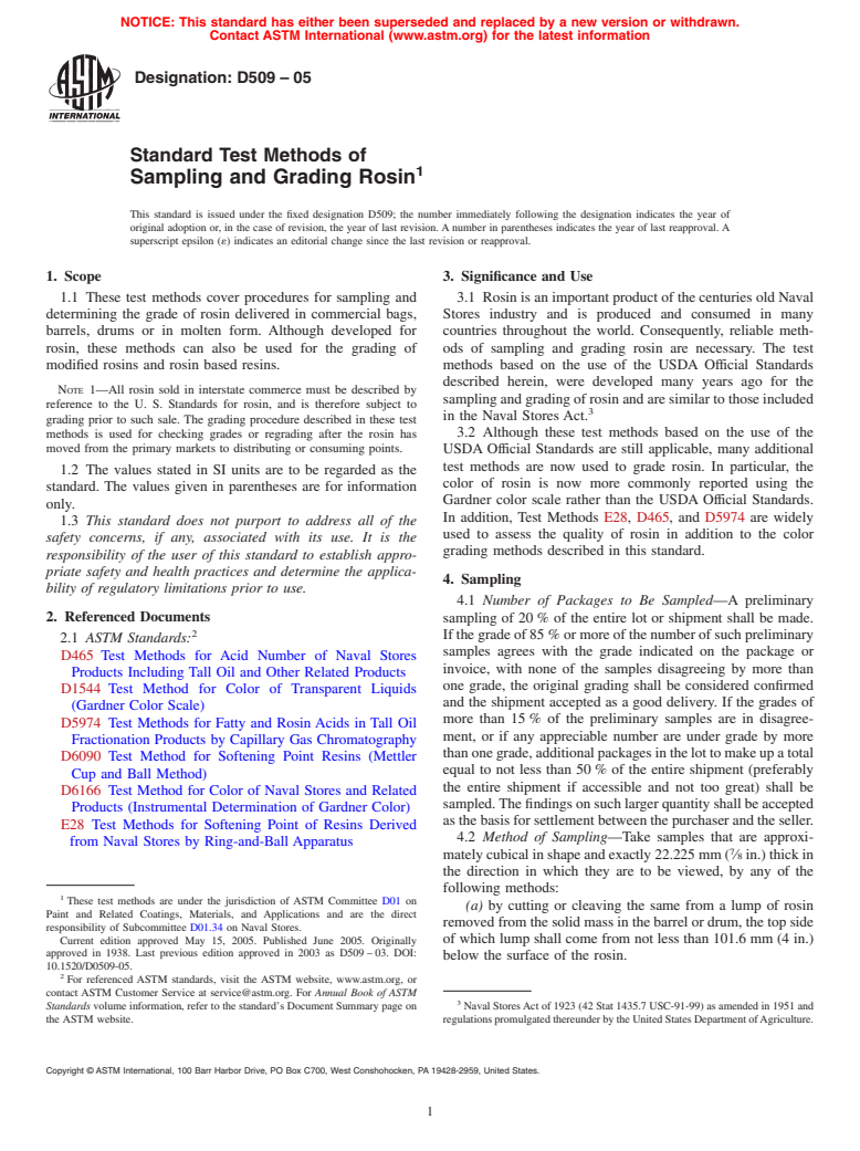 ASTM D509-05 - Standard Test Methods of Sampling and Grading Rosin