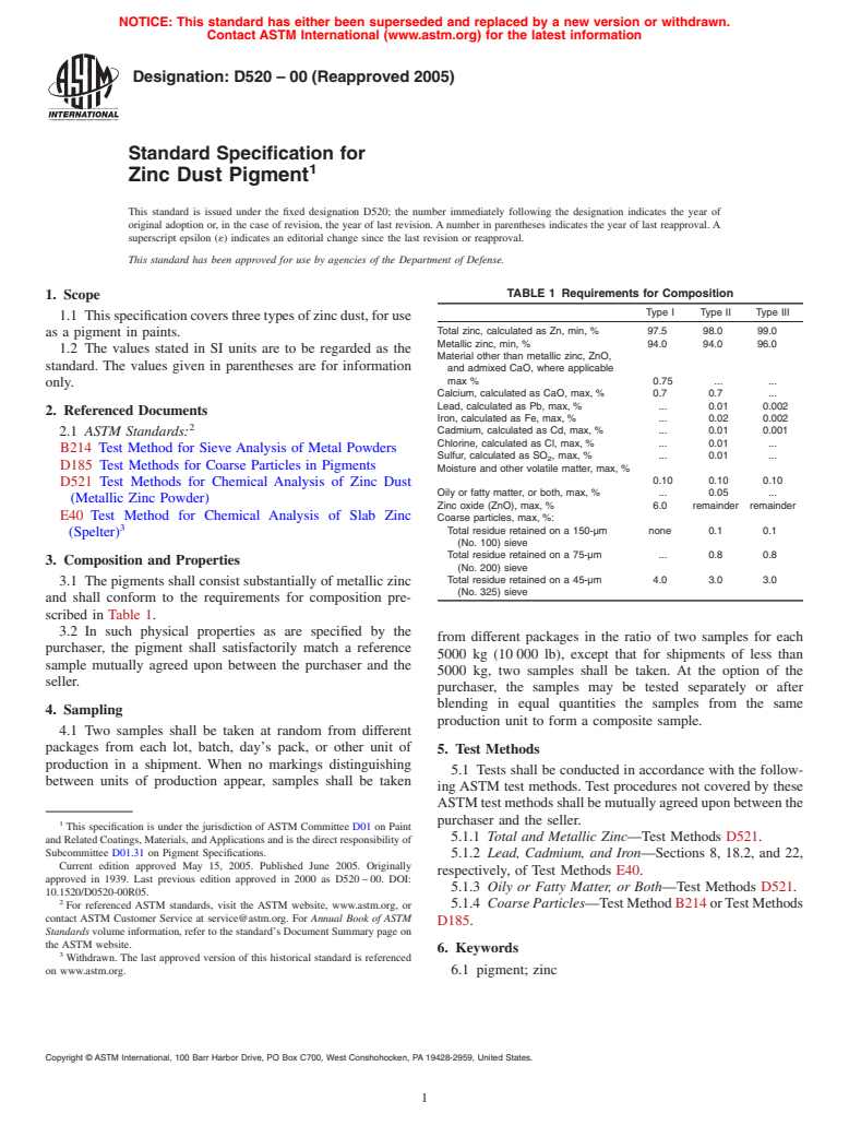 ASTM D520-00(2005) - Standard Specification for Zinc Dust Pigment