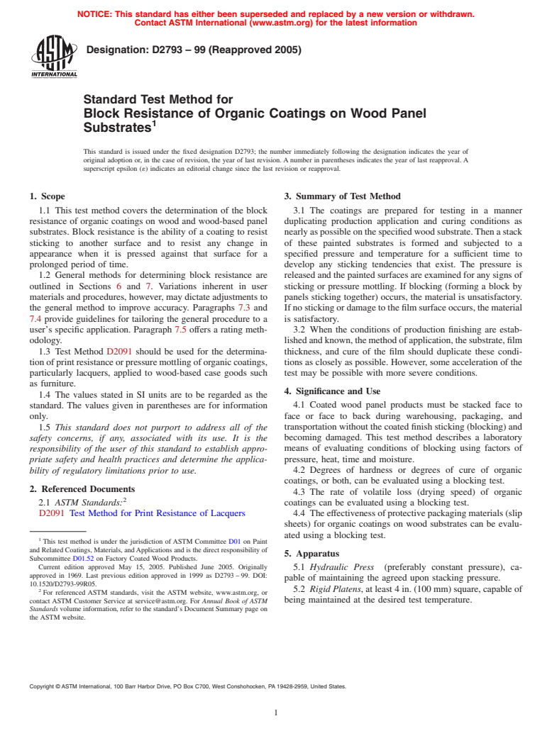 ASTM D2793-99(2005) - Standard Test Method for Block Resistance of Organic Coatings on Wood Panel Substrates