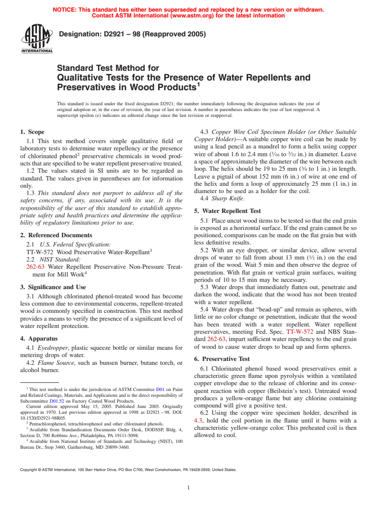 ASTM D2921-98(2005) - Standard Test Method for Qualitative Tests for the Presence of Water Repellents and Preservatives in Wood Products