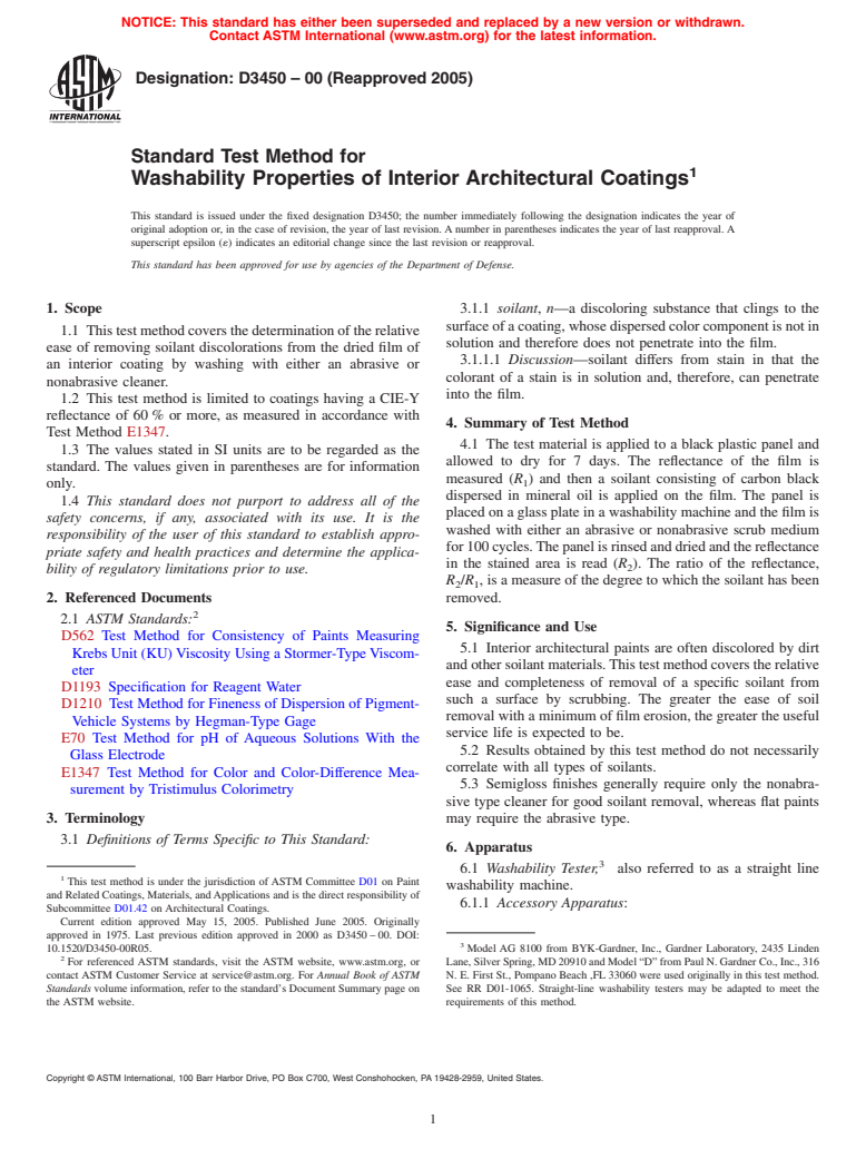 ASTM D3450-00(2005) - Standard Test Method for Washability Properties of Interior Architectural Coatings