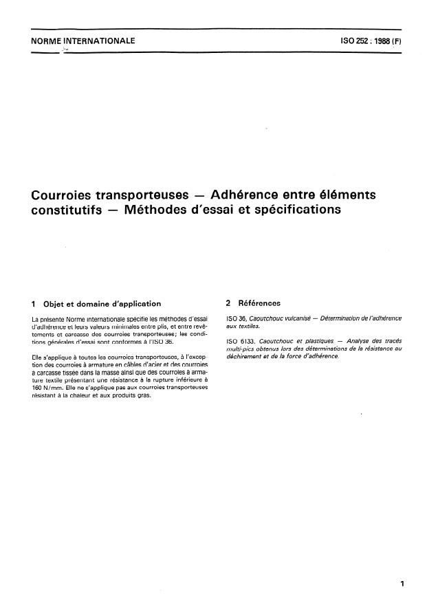 ISO 252:1988 - Courroies transporteuses -- Adhérence entre éléments constitutifs -- Méthodes d'essai et spécifications