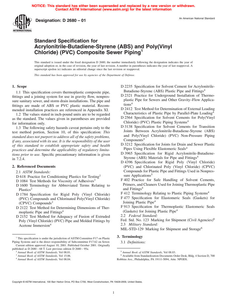 ASTM D2680-01 - Standard Specification for Acrylonitrile-Butadiene-Styrene (ABS) and Poly(Vinyl Chloride) (PVC) Composite Sewer Piping