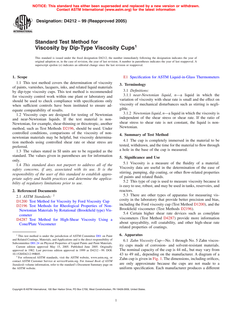 ASTM D4212-99(2005) - Standard Test Method for Viscosity by Dip-Type Viscosity Cups