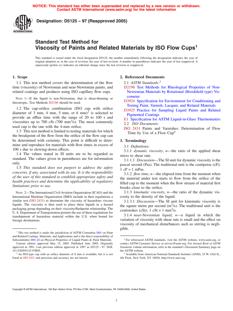 ASTM D5125-97(2005) - Standard Test Method for Viscosity of Paints and Related Materials by ISO Flow Cups