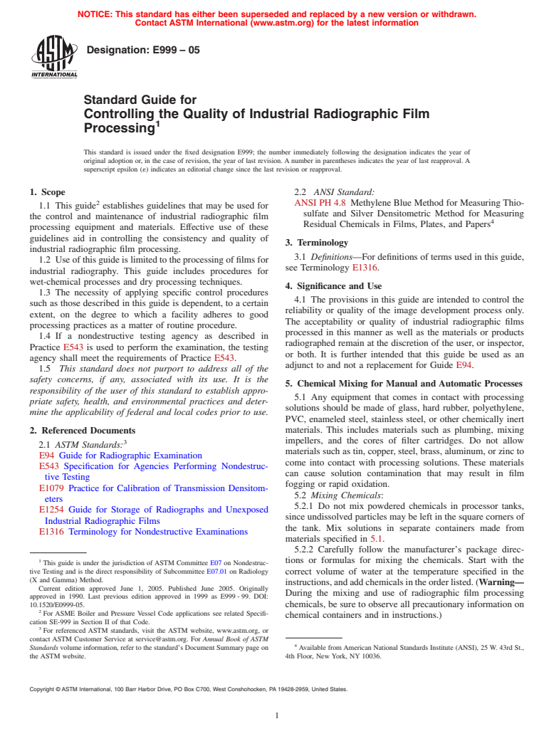 ASTM E999-05 - Standard Guide for Controlling the Quality of Industrial Radiographic Film Processing