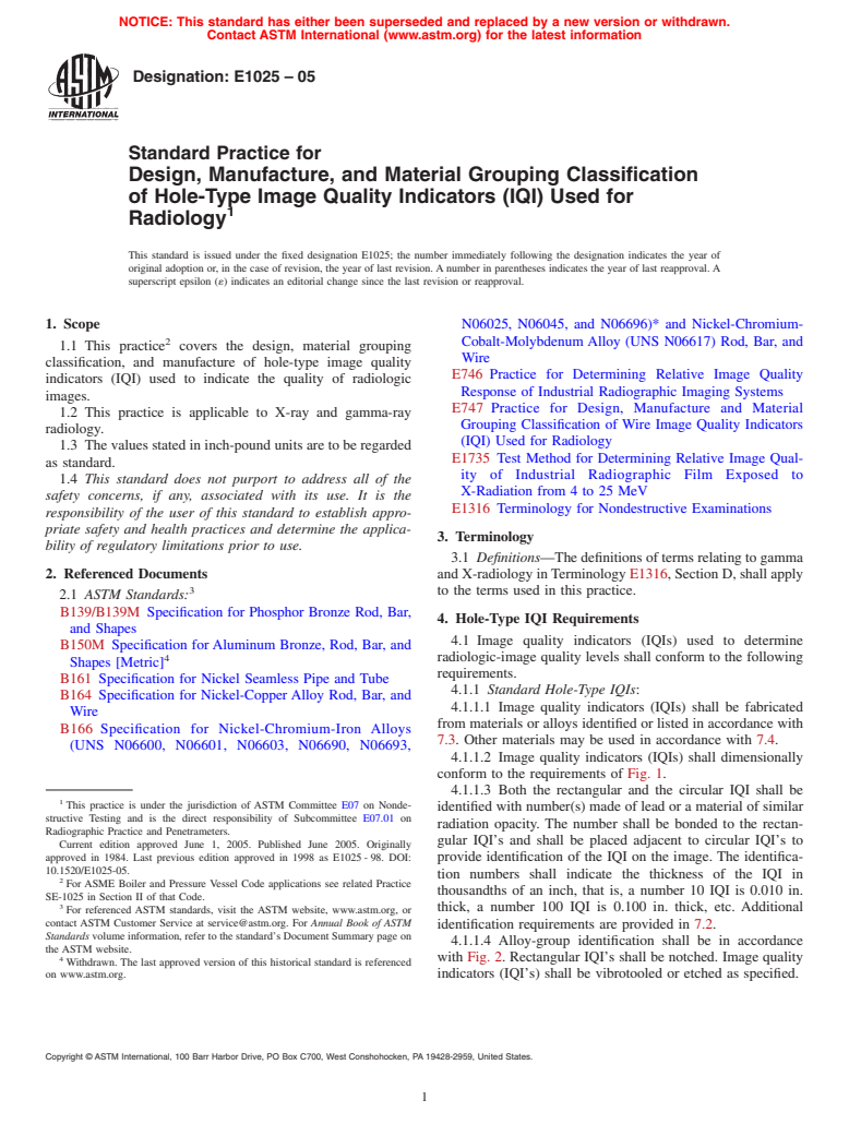 ASTM E1025-05 - Standard Practice for Design, Manufacture, and Material Grouping Classification of Hole-Type Image Quality Indicators (IQI) Used for Radiology