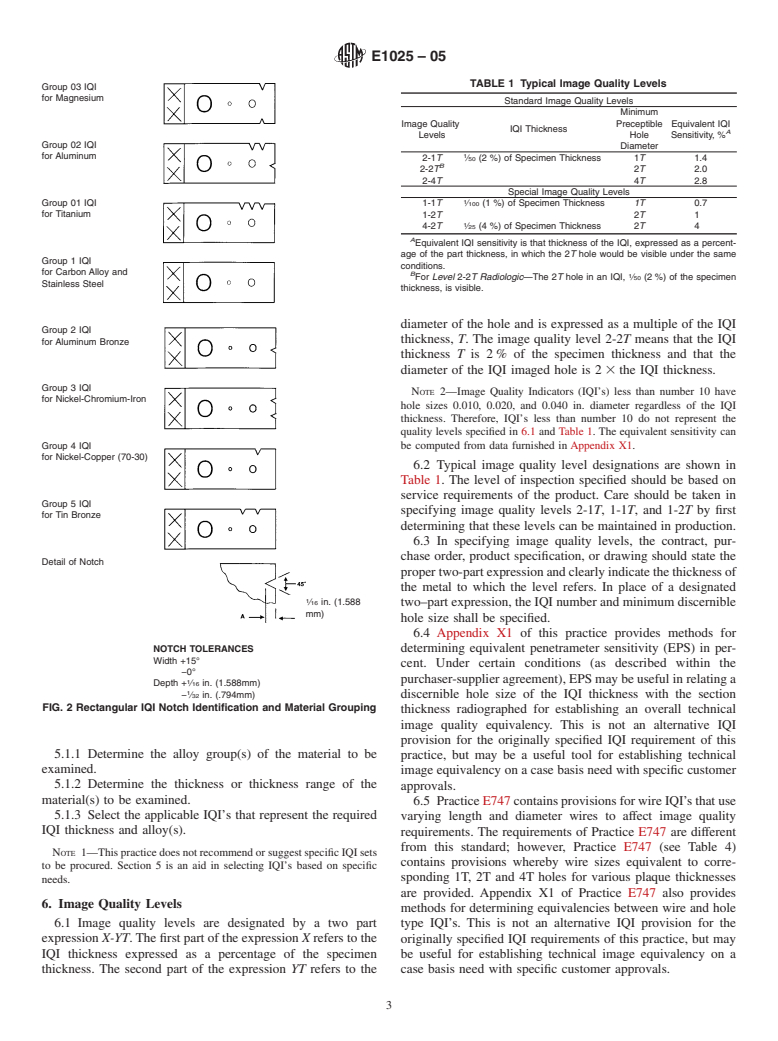 ASTM E1025-05 - Standard Practice for Design, Manufacture, and Material Grouping Classification of Hole-Type Image Quality Indicators (IQI) Used for Radiology