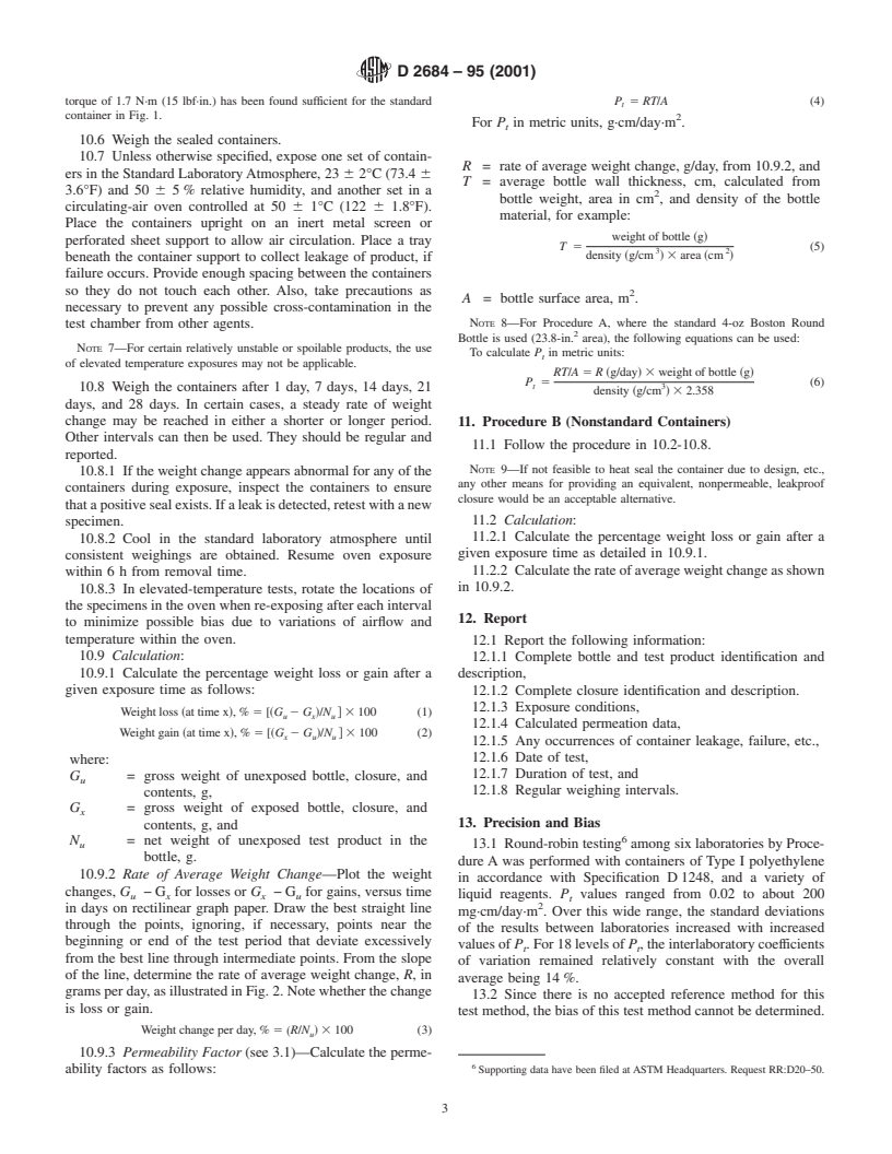 ASTM D2684-95(2001) - Standard Test Method for Permeability of Thermoplastic Containers to Packaged Reagents or Proprietary Products