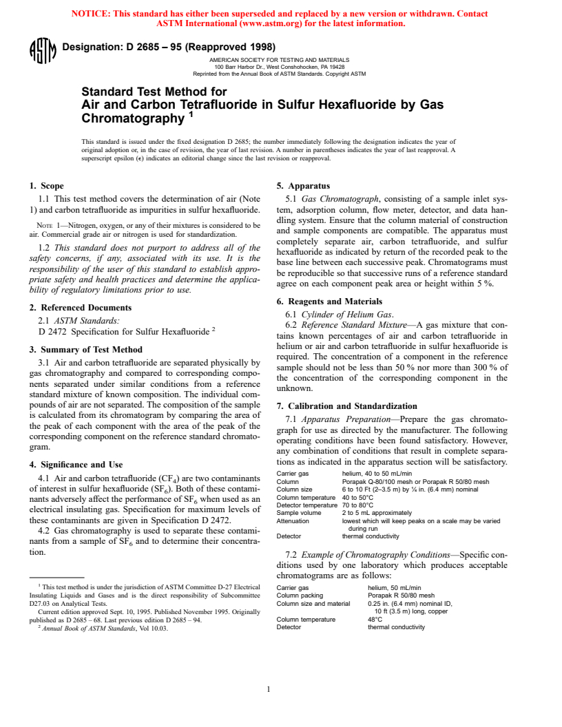 ASTM D2685-95(1998) - Standard Test Method for Air and Carbon Tetrafluoride in Sulfur Hexafluoride by Gas Chromatography
